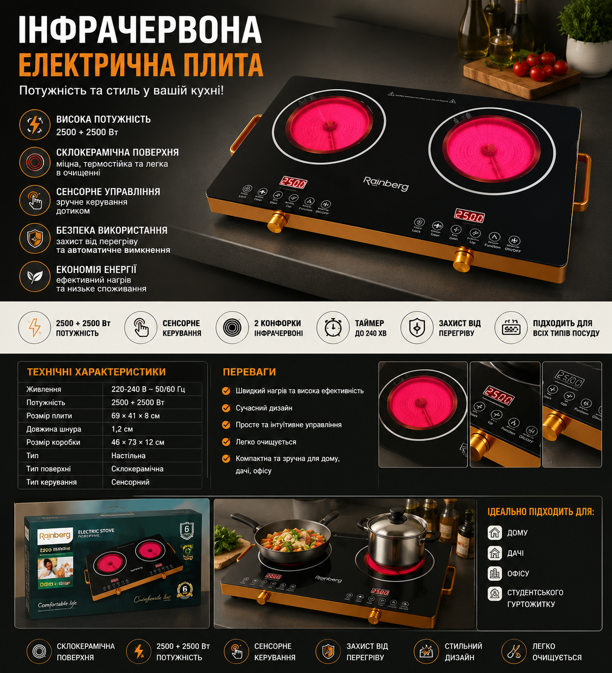 Інфрачервона електроплита Rainberg RB-816 двоконфоркова склокерамічна 5000 Вт